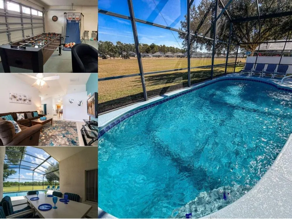 Vacation rental near Disney managed by Orlando rent a villa with a screened in private pool and games room.