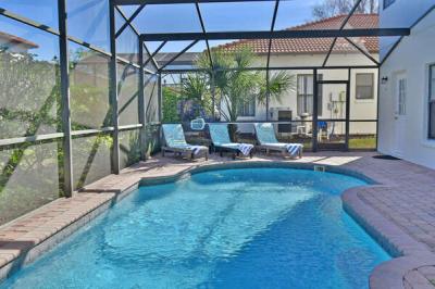 screened in private pool area showing loungers