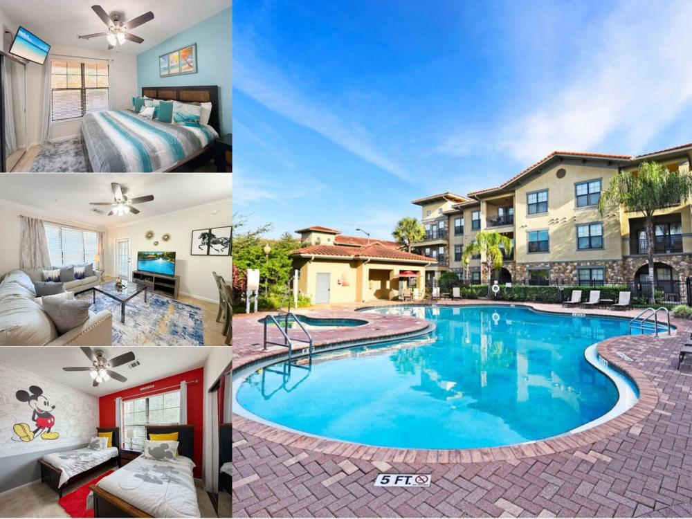 Collage of a vacation rental interiors including bedrooms, living area, and resort-style community pool near Disney