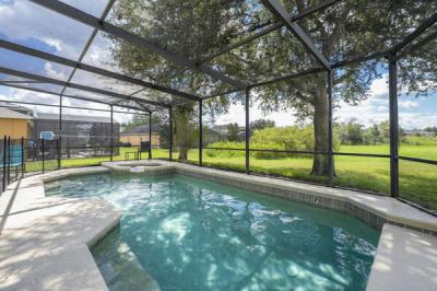 Pool showing screen enclosure and spa overlooking wide grassy area