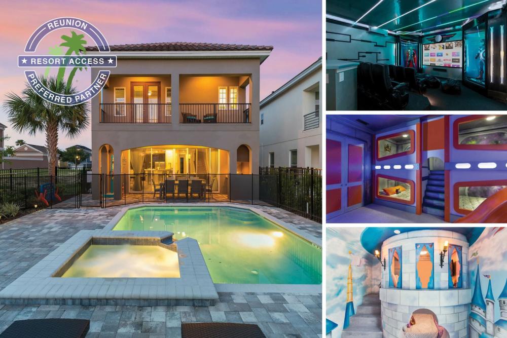 Vacation at the Fun House at Reunion, a 5 bedroom 5 and a half bathroom with a movie room, custom build kids bedrooms, game room, and a West facing private pool | Photos updated: February 2019