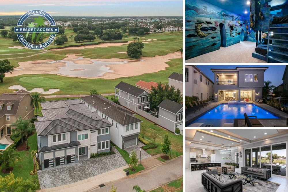 Stay at the Modern Jewel in Reunion Resort, a 10 bedroom luxury vacation villa with a West facing pool with beautiful views of the golf course, games room and basketball court | Photos updated: November 2020