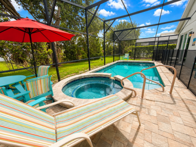 Screened in private pool showing pool and spa.