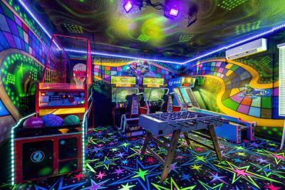 The Mario Kart-themed game room will provide excitement for all ages with Hoop Fever basketball, air hockey, dual Nascar racers, skee-ball, and a foosball table