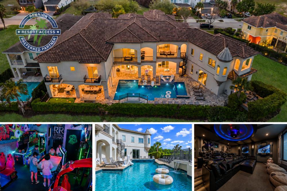 Royal Reunion over 13,000 sq. ft. of luxury living, complete with a castle-inspired turret, expansive balconies, and elegant architecture. The ultimate resort-style retreatâ€”just minutes from Disney.