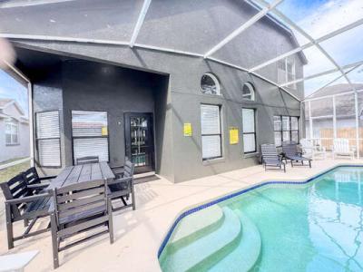 Pool seating area and sun loungers