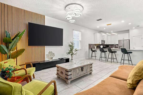 Keep the conversation flowing while dinner comes together. The open kitchen and living area let the cook stay part of the holiday fun.